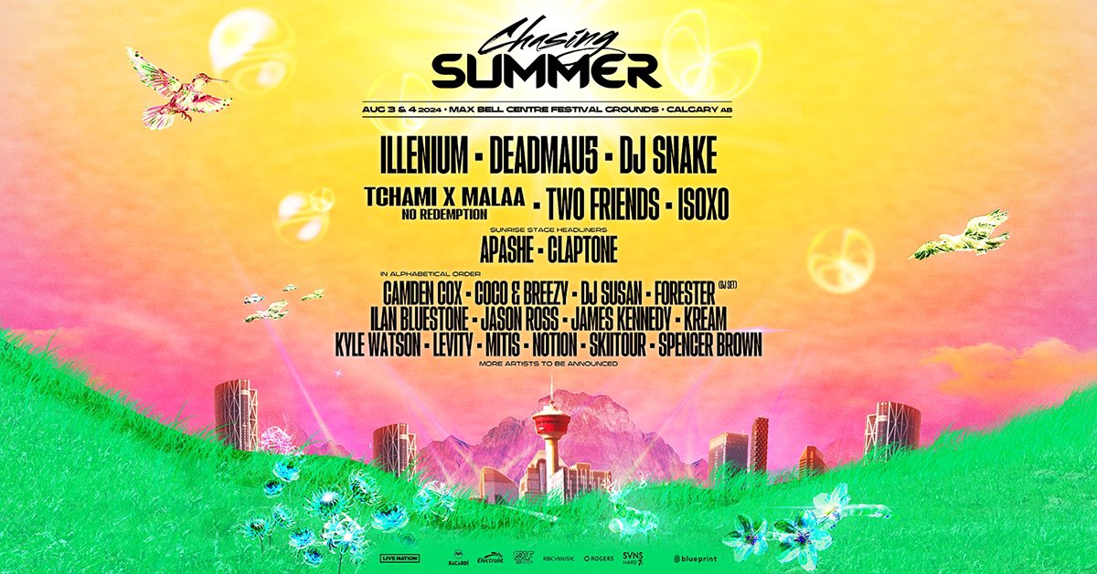 Chasing Summer (@chasingsummer) on Twitter photo ☀️Let’s go Chasers! #CSMF2024 LINEUP IS HERE! 🫧🦌 <a href="/ILLENIUM/">ILLENIUM</a> <a href="/deadmau5/">Goat lord</a> <a href="/djsnake/">DJ SNAKE</a> +MORE are turning it up August 3 & 4🔥 Tickets on sale this Thursday at 11am MT ⏰ ☀️Let’s go Chasers! #CSMF2024 LINEUP IS HERE! 🫧🦌 <a href="/ILLENIUM/">ILLENIUM</a> <a href="/deadmau5/">Goat lord</a> <a href="/djsnake/">DJ SNAKE</a> +MORE are turning it up August 3 & 4🔥 Tickets on sale this Thursday at 11am MT ⏰