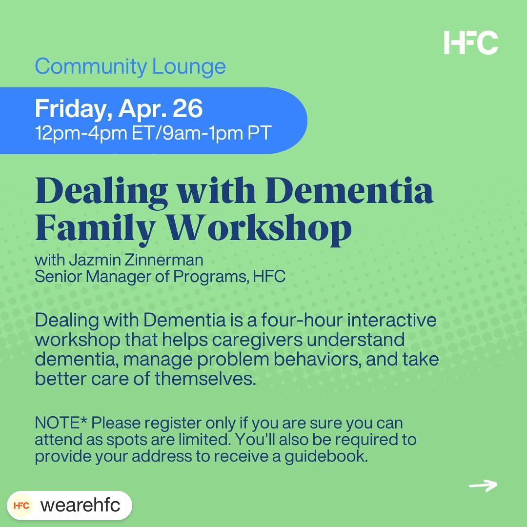 Dealing with dementia is a significant challenge for any family. That's why our friends at @wearehfc are hosting a free online workshop, offering invaluable insights for caregivers. Register today! tinyurl.com/398m64mc