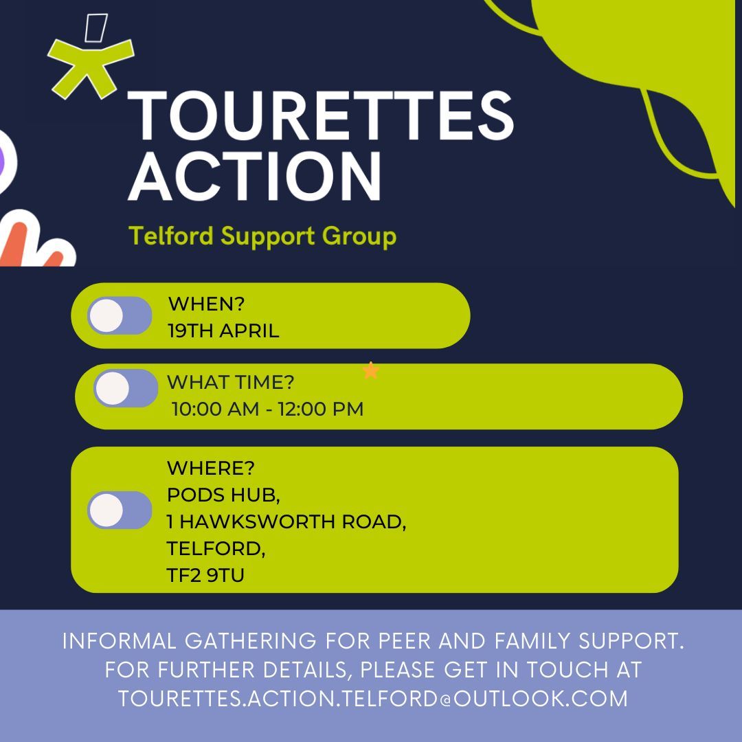 Come along and join our friendly group meeting. The room is booked from 10am-12pm and we welcome adults with TS and parents of people with TS. Please contact Lisa on tourettes.action.telford@outlook.com for more information. #TOURETTES #TELFORD