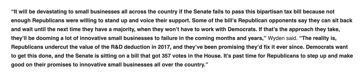 In the latest push for his tax bill, Finance Chair @RonWyden released Treasury data saying 3.8M small businesses took now-expired tax breaks in 2021 that the bill would revive Wyden is hitting R's for blocking the bill. There have also been calls for Schumer to hold a vote --