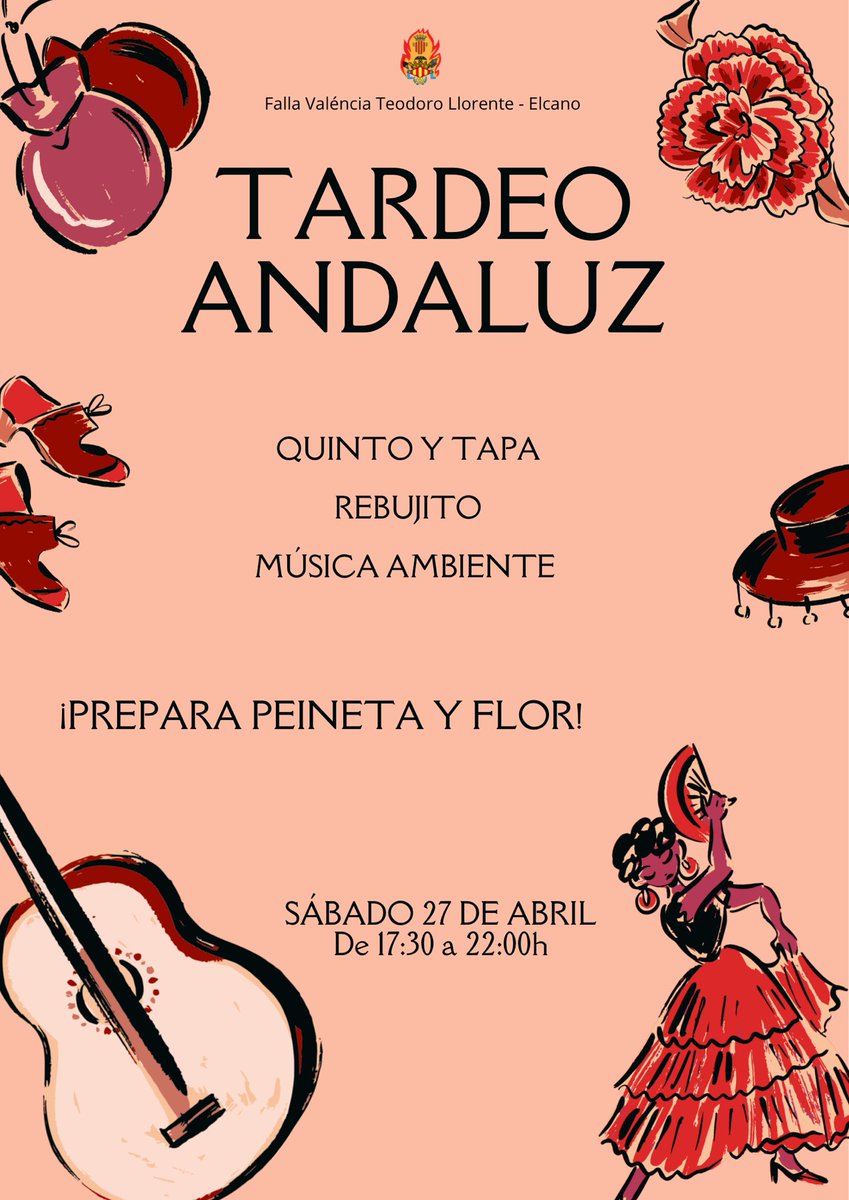 fallaelcano's tweet image. TARDEO ANDALUZ 💃🏻

🗓️ SÁBADO 27 DE ABRIL 

🕒 De 17:30h a 22:00h 

Prepárate para tener una tarde llena de música y  alegría con rebujito ,quinto y tapa ..
Prepara tu traje de flamenco,una peineta o una flor!!

No te lo pierdas!
Te esperamos en la falla