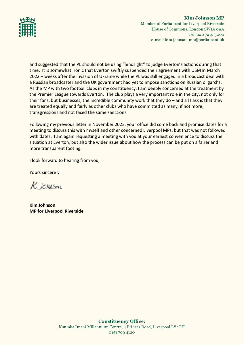 I've written to Richard Masters, CEO of the Premier League, to express my concern at the process that led to two points being deducted from @Everton. I want to secure a meeting at the earliest opportunity - we need to ensure all clubs are being treated fairly and transparently.