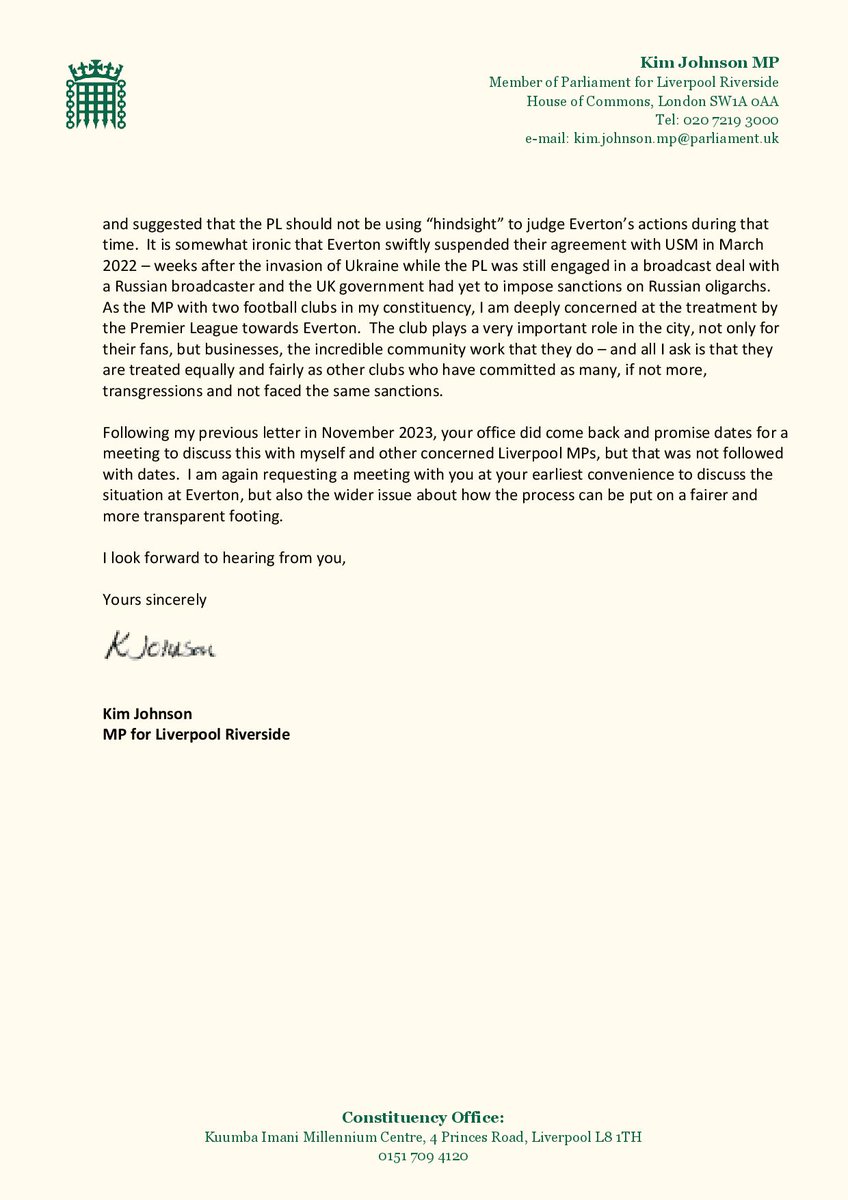 KimJohnsonMP's tweet photo. I've written to Richard Masters, CEO of the Premier League, to express my concern at the process that led to two points being deducted from @Everton.

I want to secure a meeting at the earliest opportunity - we need to ensure all clubs are being treated fairly and transparently. https://t.co/5lnVoePCz8