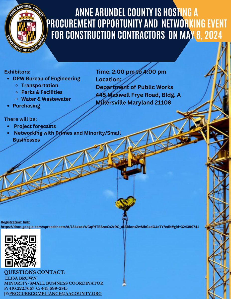 AACOPURCHASING's tweet photo. Anne Arundel County Central Services in collaboration with the Department of Public Works is hosting a Procurement Contracting Opportunity and Networking event for Primes and Minorities on May 8, 2024, from 2-4 pm.

See the flyer attached for more details. https://t.co/KMV3jKKdmA