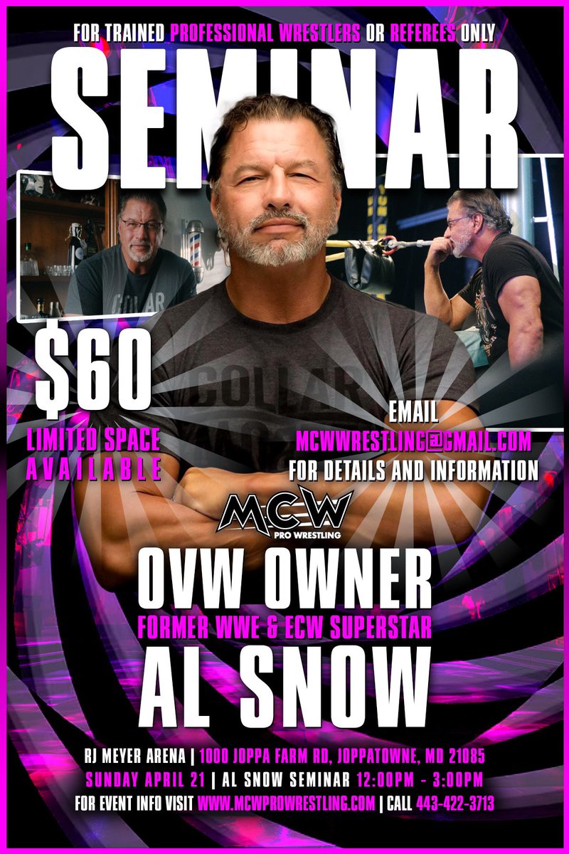 Only 5️⃣ spots remain for THIS SUNDAY’S seminar opportunity with former #WWE/#ECW Superstar @TheRealAlSnow‼️ Don’t miss the RARE chance to sit under the learning tree of one of the greatest trainers of the modern era 🙌 Email MCWWrestling@gmail.com to reserve your spot today.…