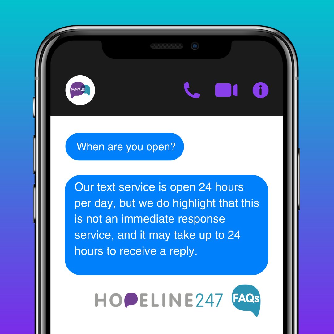 Text 'HOPE' to 88247.💜 Did you know you can text HOPELINE247 and speak directly to one of our trained suicide prevention advisers? See more FAQs relating to our text service over on the PAPYRUS Instagram: @papyrus_uk #SuicidePrevention