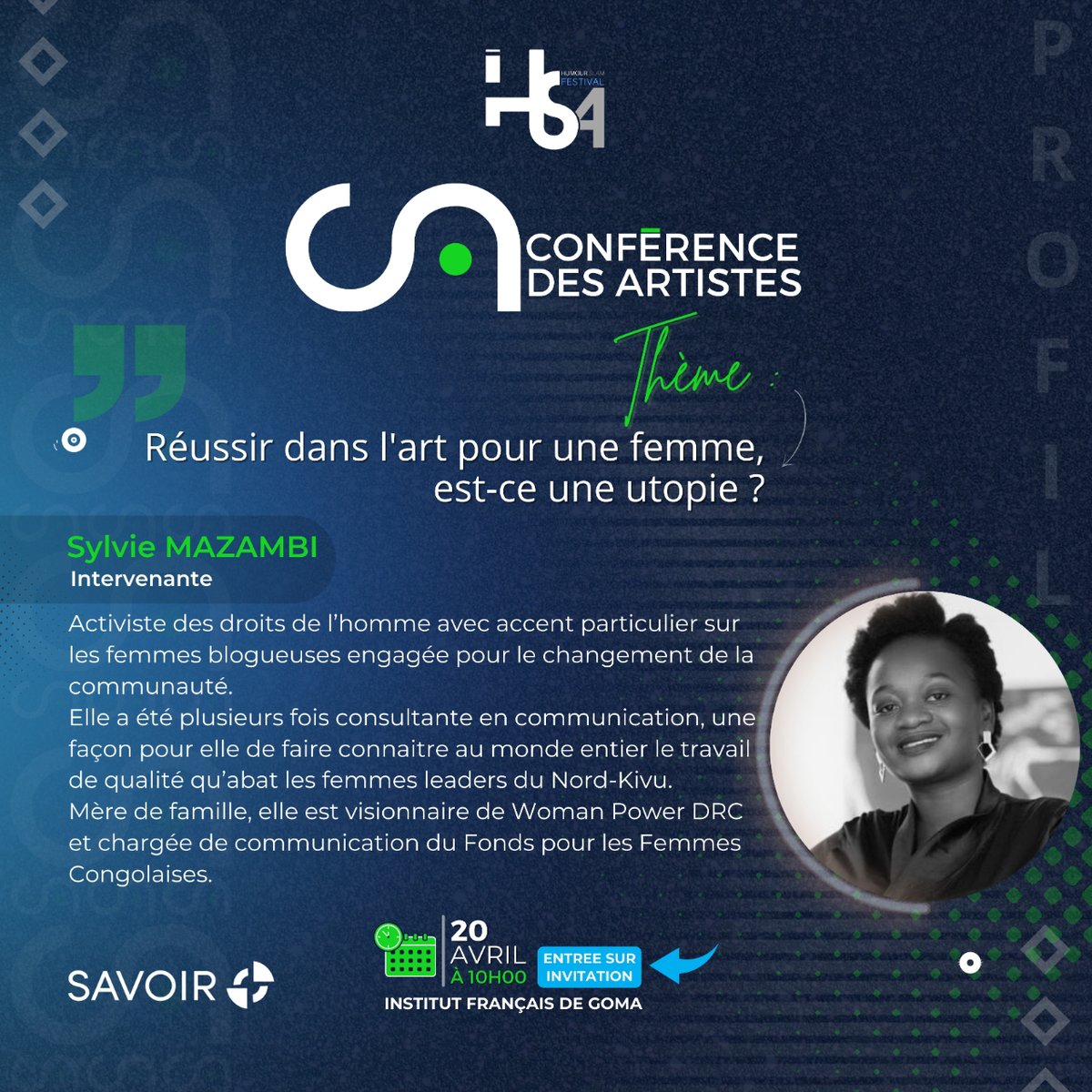 humourslamfest's tweet photo. #ConférenceDesArtistes #INTERVENANTE 1 : Sylvie MAZAMBI

Visionnaire de Woman Power DRC et chargée de communication du Fonds pour les Femmes Congolaises, elle sera de la partie dans la #conférencedesartistes . 

 #ConférenceDesArtistes #Artistes #culture #Goma @ifgoma https://t.co/Kf3m3HmQJe