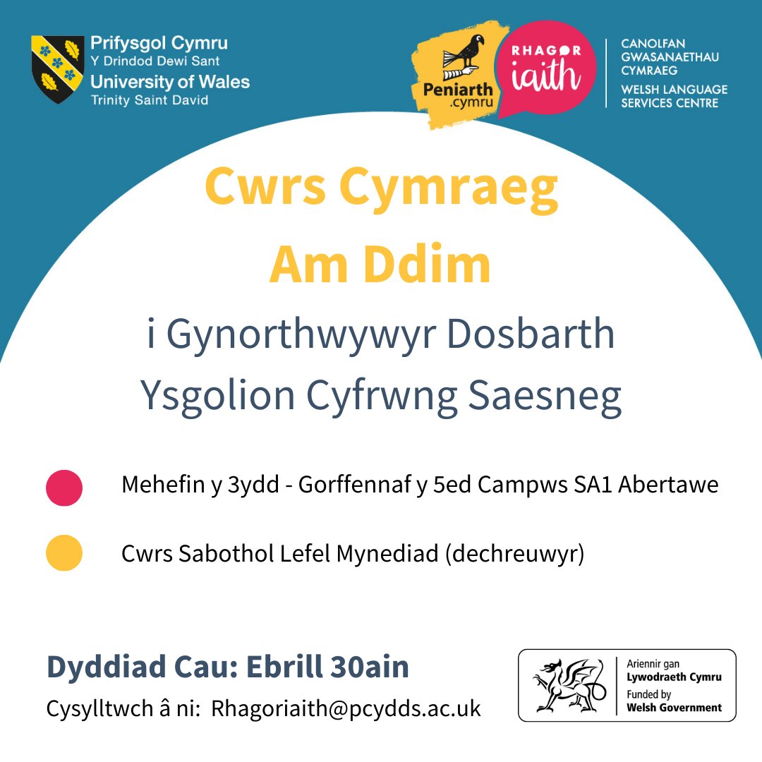 ⭐ Cwrs Cymraeg i Gynorthwywyr Dosbarth! ⭐ ➡️ Cwrs ymarferol i ddechreuwyr i godi lefelau hyder yn ogystal â sgiliau Cymraeg. ➡️ Mae Llywodraeth Cymru’n darparu costau cyflenwi, a chostau teithio ychwanegol. Gall staff rhan amser hawlio bwrsariaeth am y dyddiau ychwanegol.