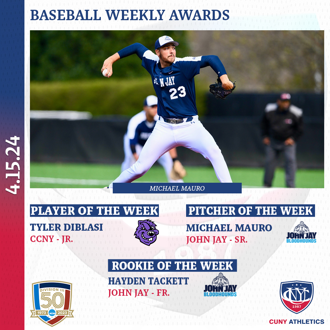 ⚾️ | 𝐁𝐀𝐒𝐄𝐁𝐀𝐋𝐋 𝐖𝐄𝐄𝐊𝐋𝐘 𝐀𝐖𝐀𝐑𝐃𝐒  

POW: Tyler DiBlasi ➡️ @CCNYSports
PiOW: Michael Mauro ➡️ @JJayAthletics
ROW: Hayden Tackett ➡️ @JJayAthletics
HM: Erik Rank ➡️ @CCNYSports

🔗: ow.ly/IyxR50Rgks6 

#TheCityPlaysHere #DIII50 #d3baseball