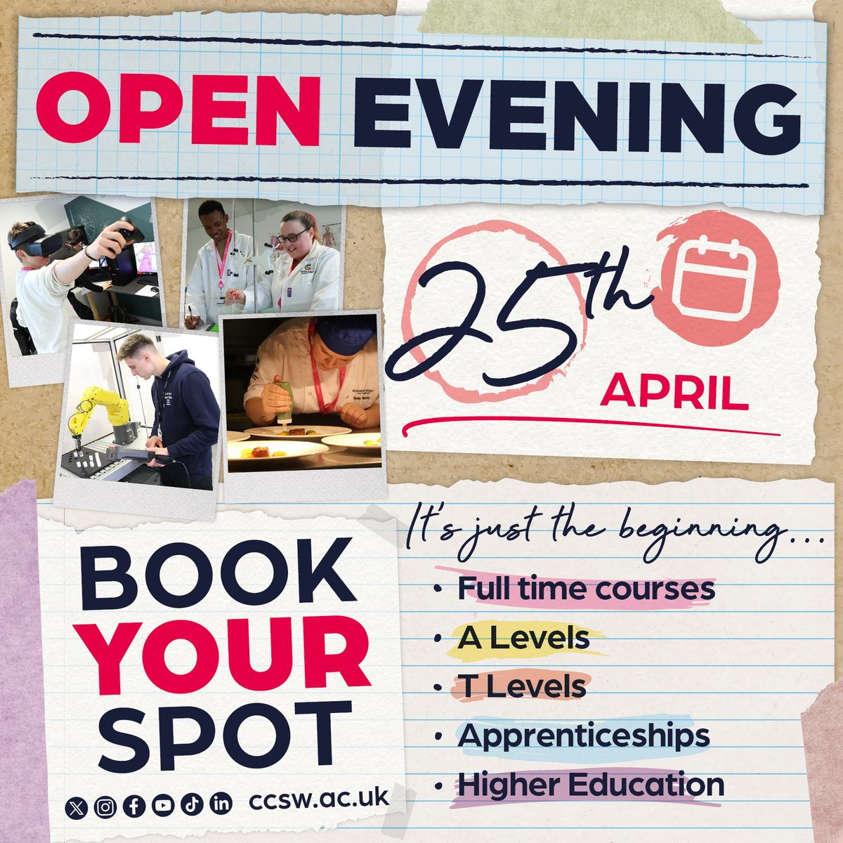 Make this Open Evening all about ✨YOU✨ Whether you want a one-to-one chat with staff, or some support applying for your future course, April's Open Evening is the ideal time to visit us 🥰 Book your spot at ccsw.ac.uk