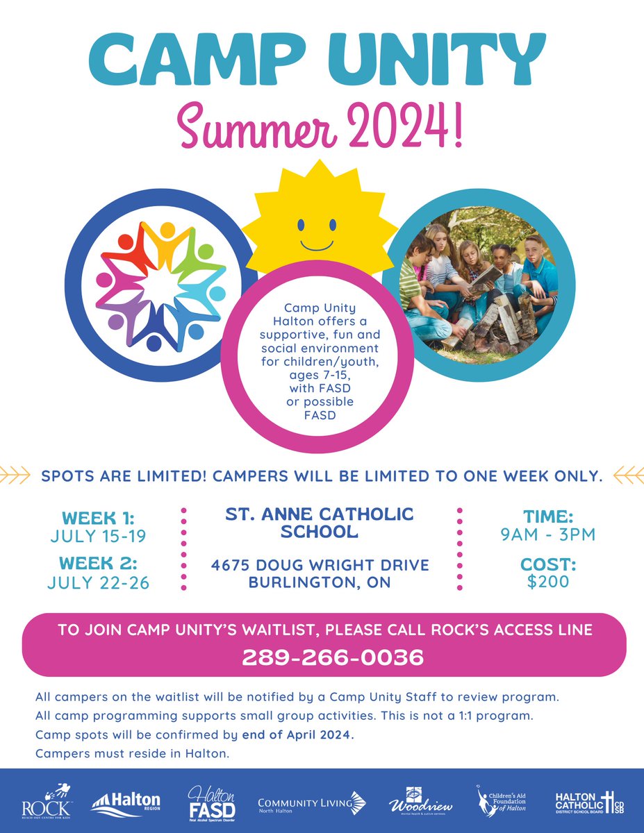 Camp Unity Halton offers a supportive, fun and social environment for youth, ages 7-15, with FASD or possible FASD.

There are still some spots available! Please call ROCK's Access Line, 289-266-0036 for more info.
