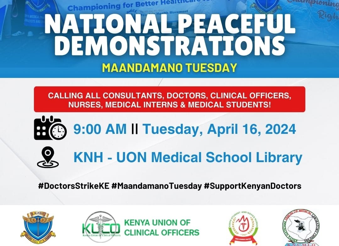 Striking doctors to commence their peaceful demonstrations tomorrow, Tuesday, April 16 from 9am. Earlier, the @kmpdu leadership met Labour CS @WaziriBore as they committed to Court mediated process towards ending the biting strike #DoctorsStrikeKE