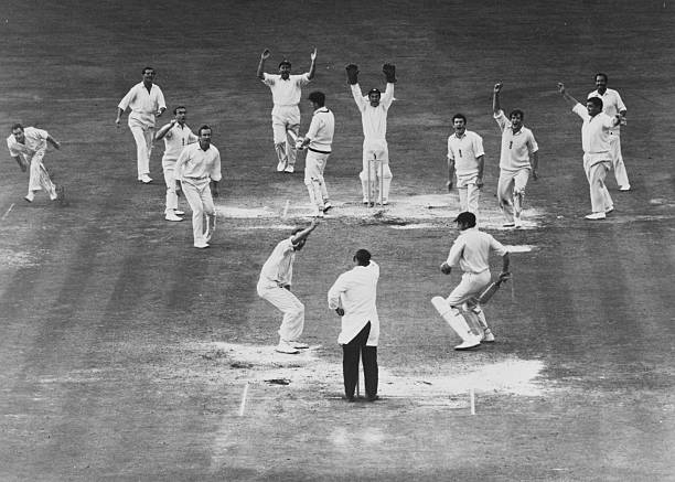 One of cricket's great pictures and one that will be in many of tomorrow's newspapers ... Derek Underwood traps opener John Inverarity lbw to secure England's dramatic last-gasp win at The Oval, August 27th 1968 (Central Press)