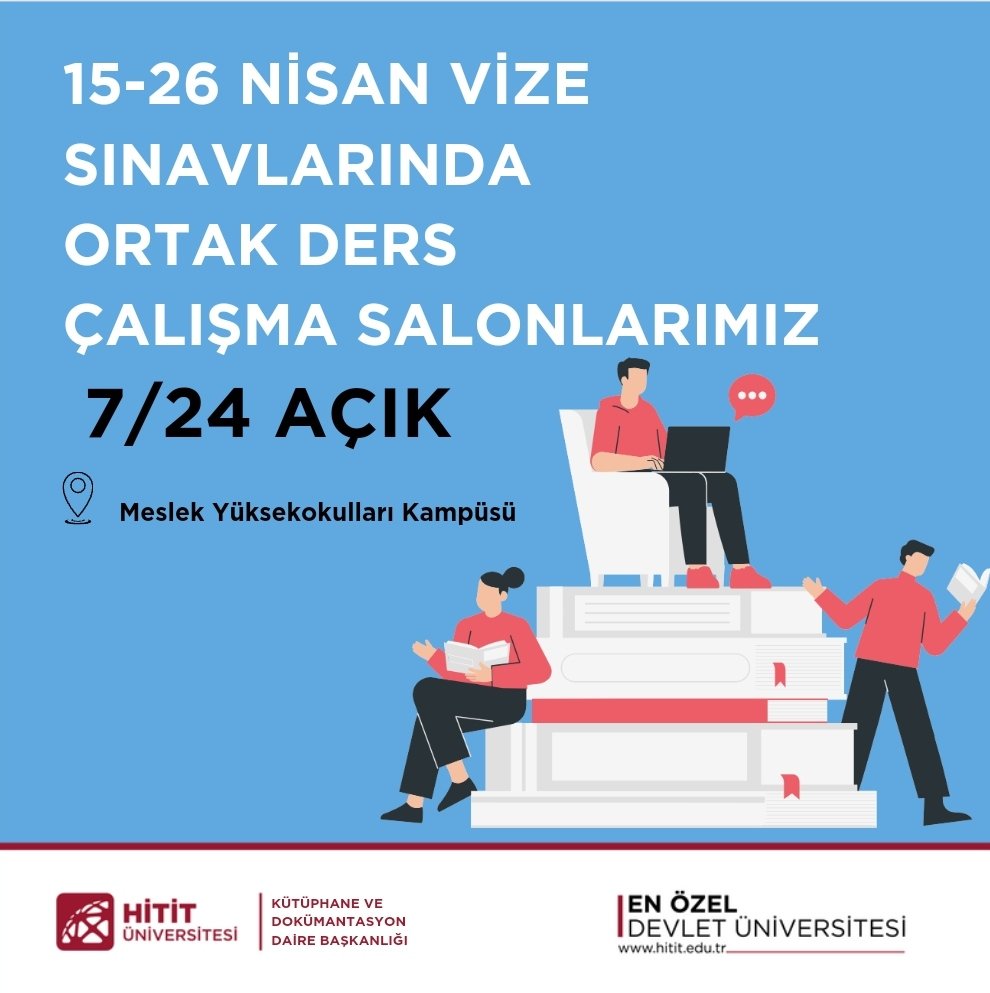 Değerli kullanıcılarımızın dikkatine 🤗 15-26 Nisan Bahar Dönemi vize sınavları boyunca ortak ders çalışma salonlarımız MYO Kampüsü 7/24 kullanıma açıktır. Tüm öğrencilerimize vize döneminde başarılar dileriz 😉👏 #HititÜniversitesi #HititKütüphane