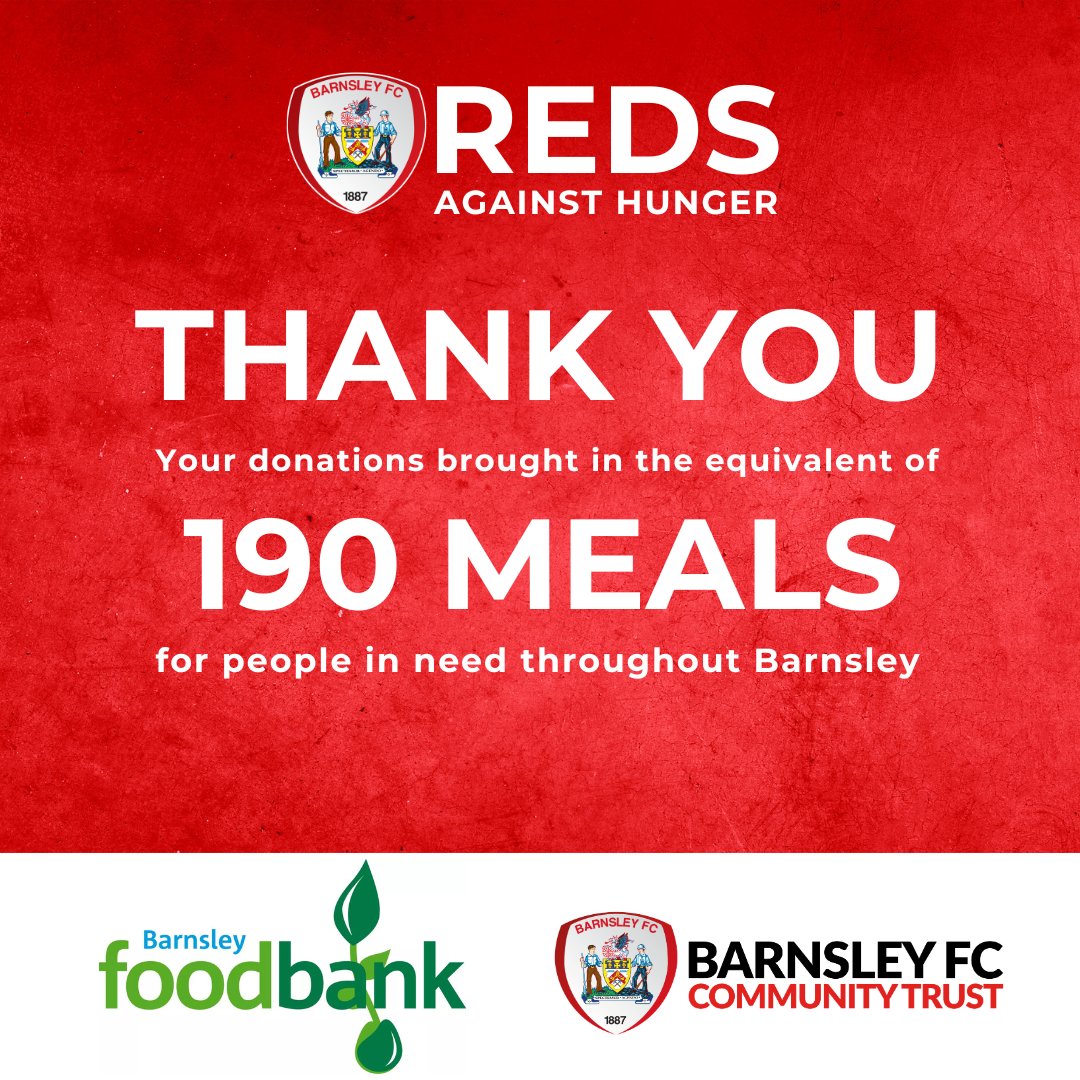 Foodbank Donation Drive 🔴⚽ We would like to extend our thanks to everyone who donated at our donation drive on Saturday in support of @BarnsFoodbank Your donations brought the equivalent of 190 meals for the people in need throughout Barnsley 👏 @BarnsleyFC