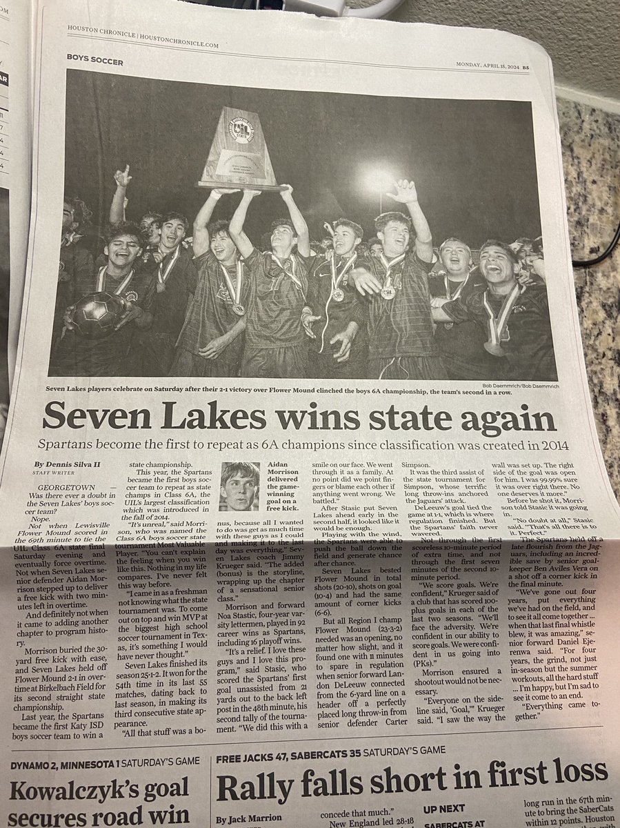 Pick up today’s @HoustonChron newspaper highlighting Seven Lakes’ historic second straight boys soccer state championship! #UILState @katyisd