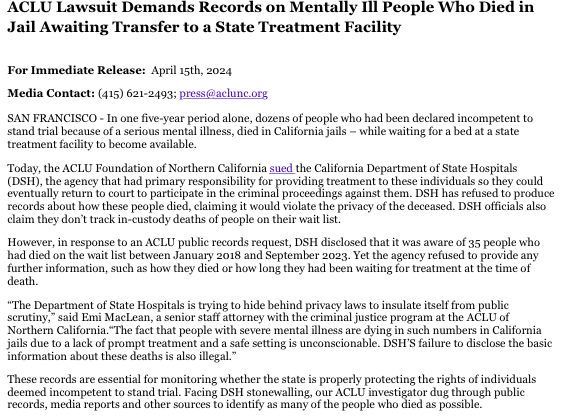 BREAKING: ACLU sues the California Department of State Hospitals, saying the agency has refused to produce records about how people in custody have died and how long they had been waiting for mental health treatment. @CourthouseNews
