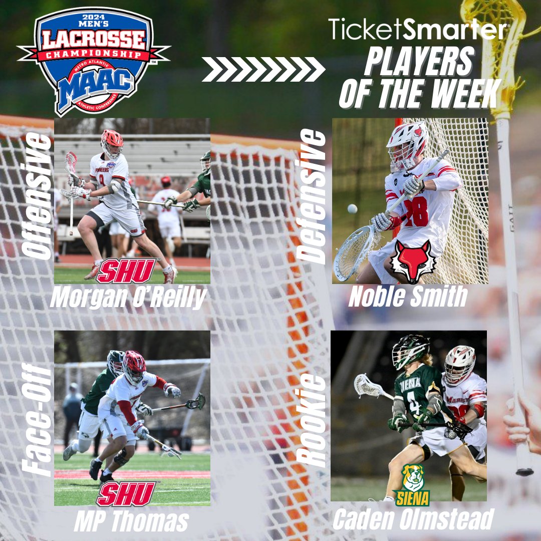 Congratulations to this week's @TicketSmarter MAAC Men's Lacrosse weekly award winners! Offensive POTW - Morgan O'Reilly, @SHUmenslax Defensive POTW-Noble Smith, @Marist_MensLax Face-off Specialist OTW-MP Thomas, @SHUmenslax Rookie OTW- Caden Olmstead, @SienaLacrosse 📷: