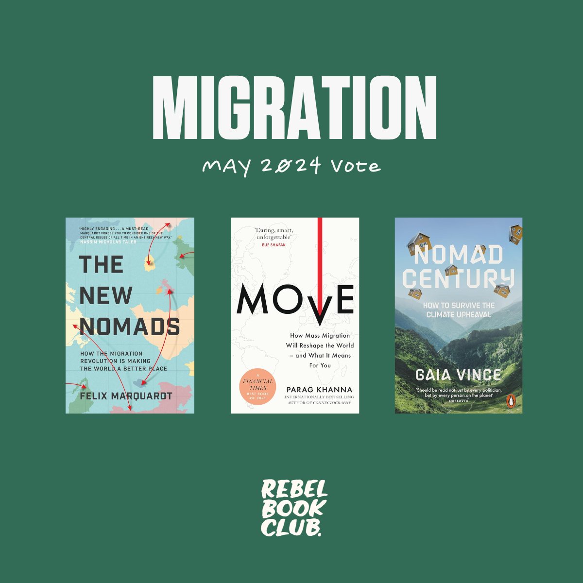 Theme for @rebelbookclub May 2024 is MIGRATION. We're focusing on the book's that look forward as well as back, and how migration might be part of the answer to many of our great challenges. @WanderingGaia @paragkhanna @Feleaks