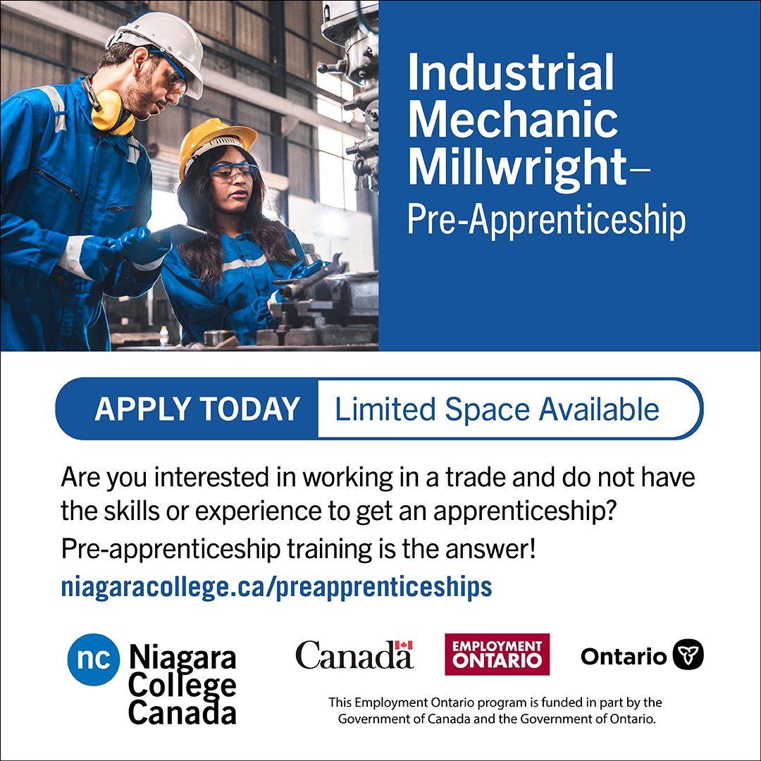 Ready to enhance your job skills & trade readiness? Explore our fully-funded Industrial Millwright Mechanic Pre-Apprenticeship program. 👉 18 weeks of training, 12 weeks of paid work placement, fully funded including tuition, PPE, & more. Details here ⤵️ niagaracollege.ca/trades/program…