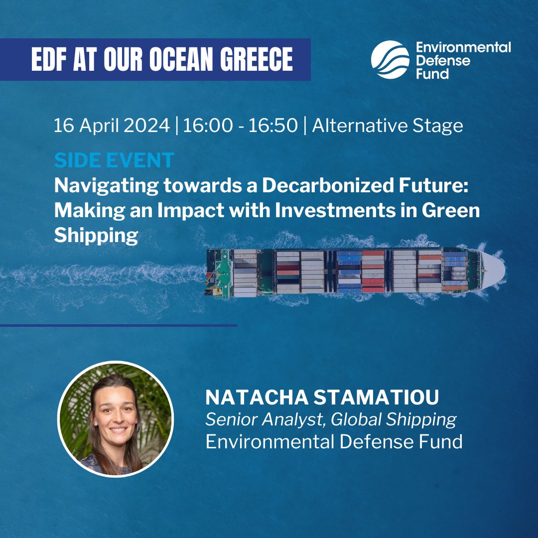 How can investments in innovative shipping solutions promote a more sustainable future? @EnvDefenseFund's Natacha Stamatiou joins panelists from @hellenicimpact & the Norwegian Shipowners' Association (@Rederiforbundet) at @OurOceanGreece to discuss this + more. Join us ⬇️