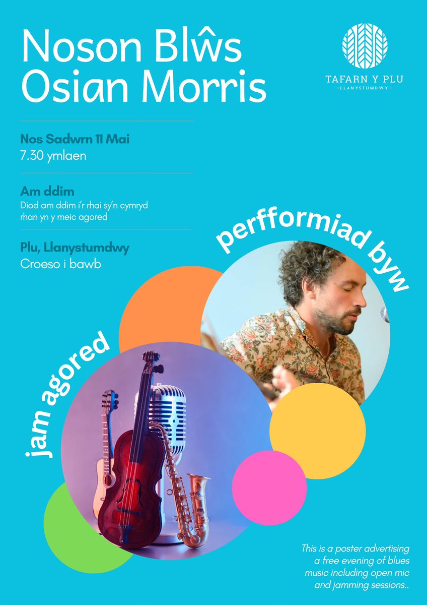 Noson blws - blues night!

Gig Osian Morris
Meic agored - diod am ddim i'r rhai sydd yn canu!
Jamio - dewch a offeryn!

Nos Sadwrn, Mai 11, 7:30pm
Am ddim!
