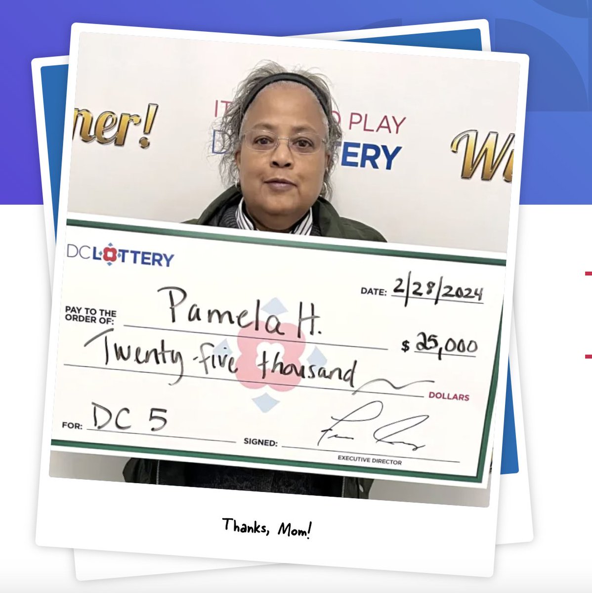 Mother-daughter bonding = Winning! ❤️ Pamela H. started playing DC Lottery games with her mother, and even used some of her numbers, leading to a $25,000 #DC5 win 👏 Learn more about our winners here: bit.ly/3vl1w8e