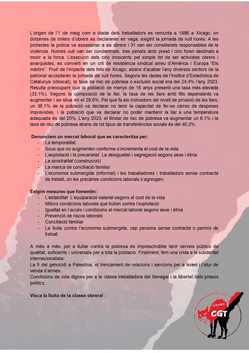 #1Maig2024 
Contra la precarietat i la pobresa 
#Anarcosindicalisme 
🗓️ 1 Maig
📍 Estació Jové #Girona 
⏳18.00h
