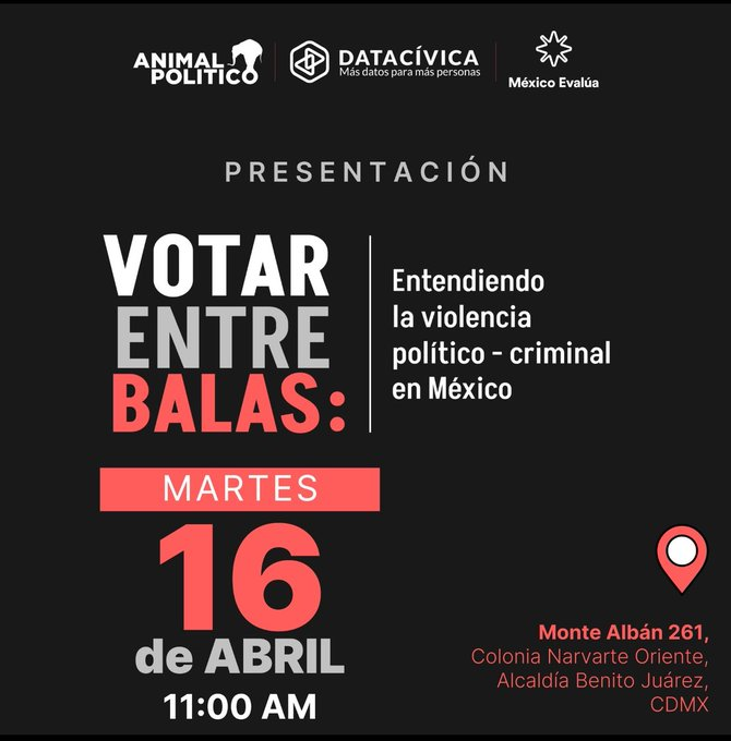 Votar entre balas: entendiendo la violencia político-criminal en México Presentan: @sjleyg y @celinefa Organiza: @mexevalua @datacivica y @Pajaropolitico Martes 16 de abril, 11:00 hrs. Registro: bit.ly/R_VotarEntreBa…