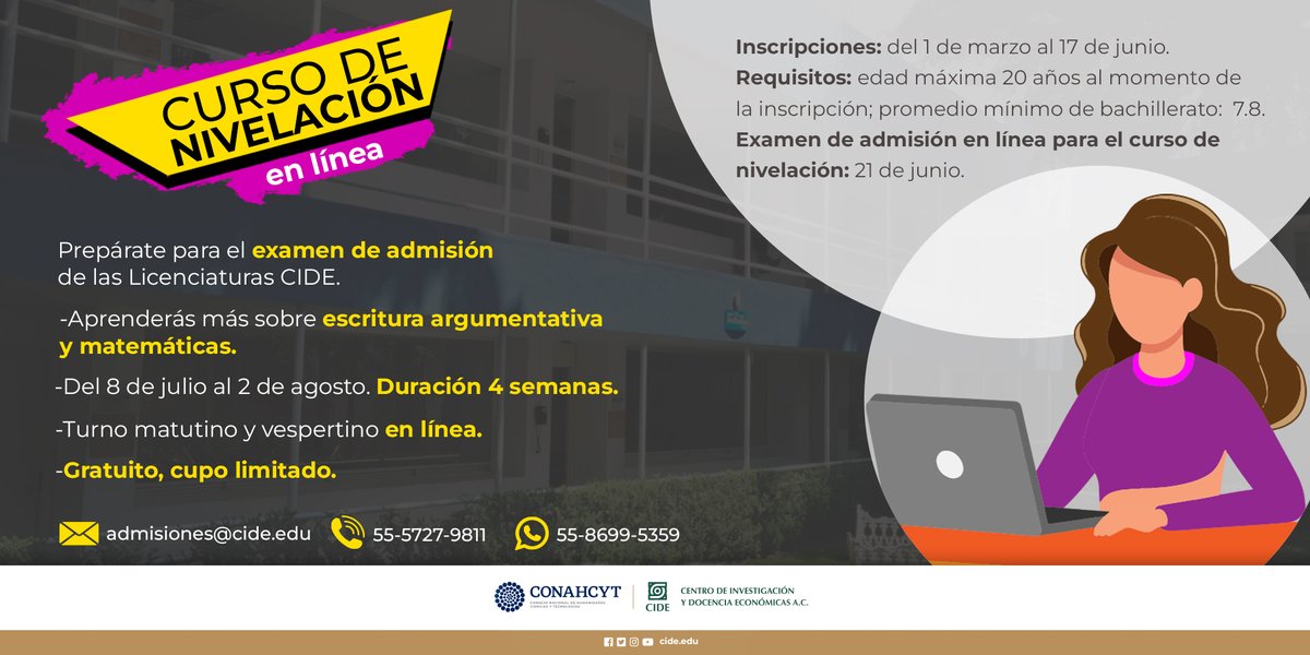 CIDE_MX's tweet photo. 📚 ¡La oportunidad que esperabas ha llegado! Refuerza tus conocimientos de escritura argumentativa y matemáticas con nuestro Curso de Nivelación 2024 📝
🔒 Cupo limitado
👉 Regístrate en: https://t.co/cwf1socpbV
#deCIDEte #CIDE2024 https://t.co/58XAZOVXoh