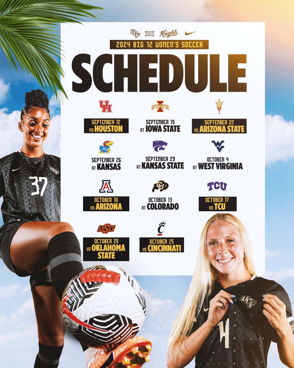 UCF_WSoccer's tweet photo. 𝑴𝒂𝒓𝒌 𝒚𝒐𝒖𝒓 𝒄𝒂𝒍𝒆𝒏𝒅𝒂𝒓𝒔, our 2024 Big 12 Conference schedule is here 🤩

🗞️ https://t.co/J4RfRmNS5l https://t.co/58XBsybjs1