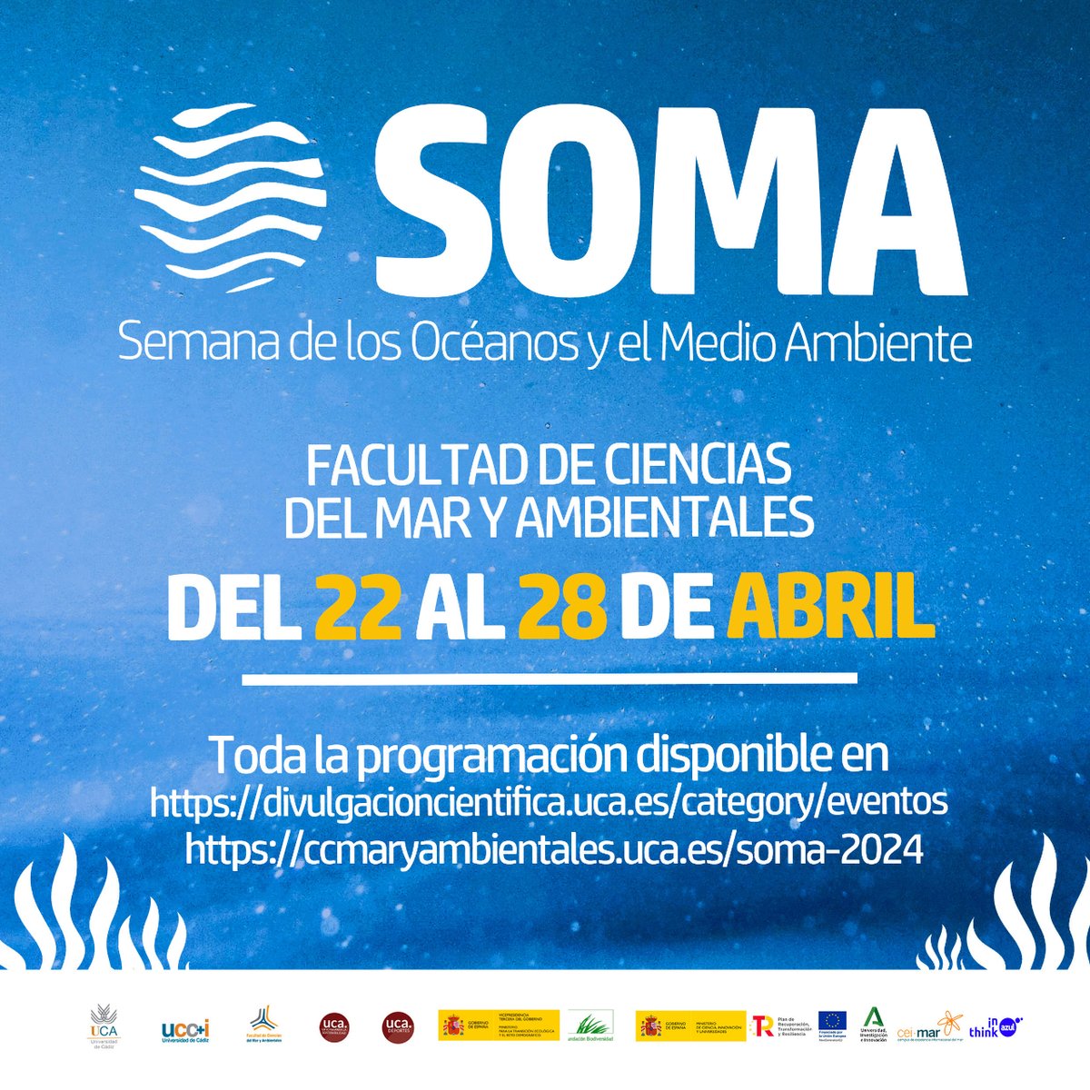 '¡Eyy, amig@s! 🌍 ¡La programación completa para la III Semana de los Océanos y el Medio Ambiente ya está aquí! 🌊💚  @univcadiz  ℹ️ Más info en 👉 t.ly/MFChu #SOMA2024 #Océanos #MedioAmbiente #CuidemosNuestroPlaneta