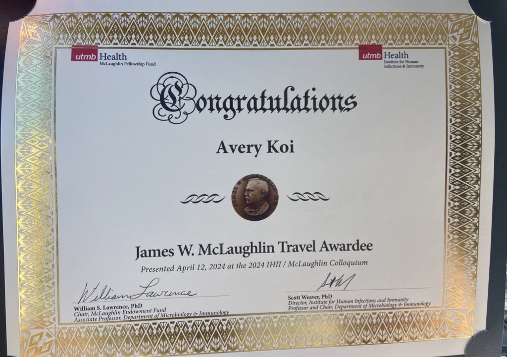 Avery_Koi's tweet photo. Has a great time at the 2024 McLaughlin Colloquium learning more about infectious diseases! Thankful to have received a travel award for my poster on early steroid withdraw viral outcomes in elderly patients https://t.co/NwwWOAQl50