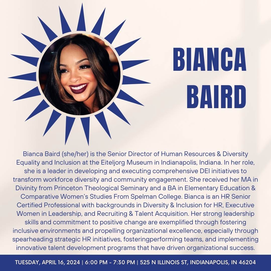 Bianca Baird is our final panelist, sharing her experiences with us at the Representation Reimagined event hosted by our graduate students tomorrow night at 6:00 PM!

To hear from Bianca Baird or any of our other panelists tomorrow, register here: …gined-museum-dialogues.eventbrite.com