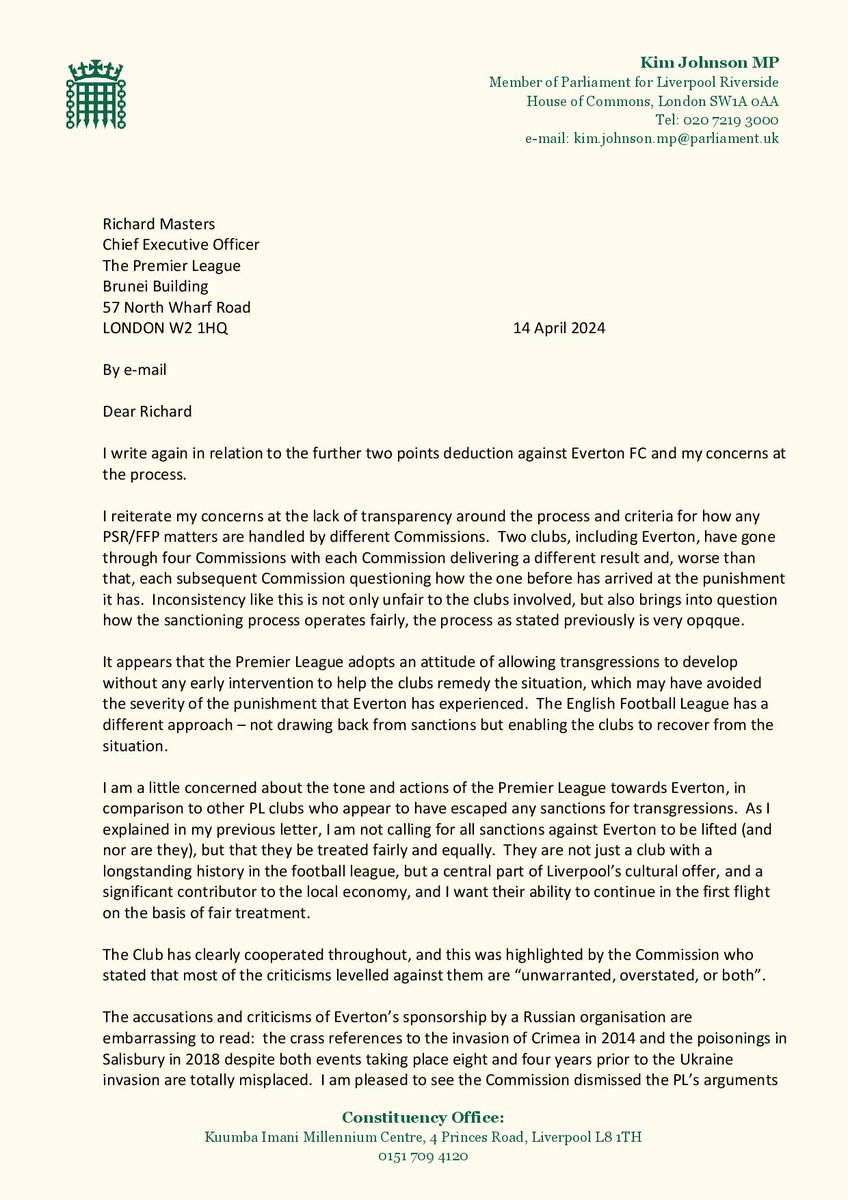 KimJohnsonMP's tweet photo. I've written to Richard Masters, CEO of the Premier League, to express my concern at the process that led to two points being deducted from @Everton.

I want to secure a meeting at the earliest opportunity - we need to ensure all clubs are being treated fairly and transparently. https://t.co/5lnVoePCz8