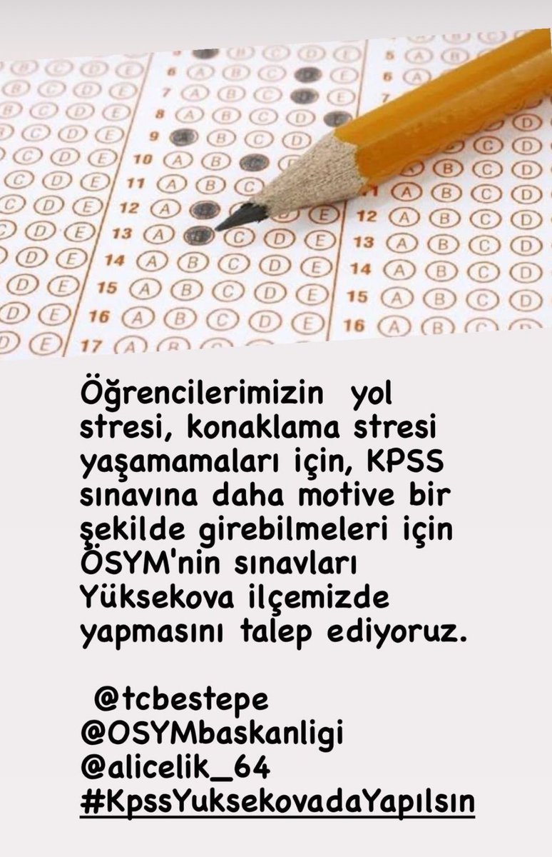 Öğrencilerimizin  yol stresi , konaklama stresi yaşamamaları için, KPSS sınavına daha motive bir şekilde girebilmeleri için ÖSYM'nin sınavları Yüksekova ilçemizde yapmasını talep ediyoruz. 

 @tcbestepe @OSYMbaskanligi @alicelik_64 
#KpssYuksekovadaYapılsın