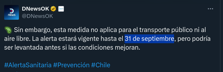 @DNewsOK #DNewsOK 
#Chile #AlertaSanitaria #Mascarillas

Hasta auténtico final de #septiembre...supongo.

#FechasImposibles