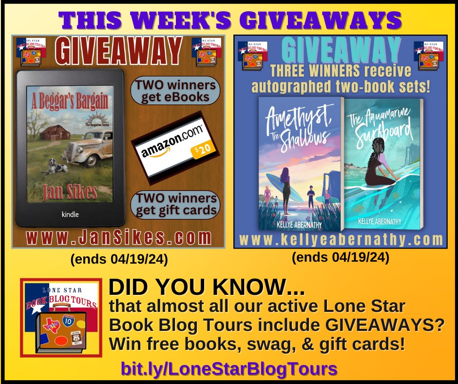 Did you know that almost all of our active book #blogtours include a #giveaway? Visit the #LoneStarLit tour pages daily for a chance to #win #books, #swag, and even #giftcards! This week, win from @janSikes3 and @AbernathyKelly. #LiteraryTexas lonestarliterary.com/lone-star-book…