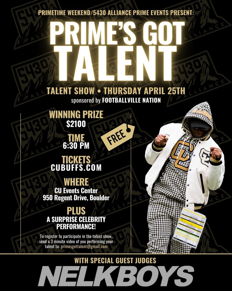We’re kicking off Black & Gold weekend in style with the Prime’s Got Talent show! 🎤🎭 Check out some of Colorado’s finest performing, along with a surprise celebrity performance and special guest judges, @nelkboys 🔥 Tickets are free and available here: cubuffs.evenue.net/events/BGTS