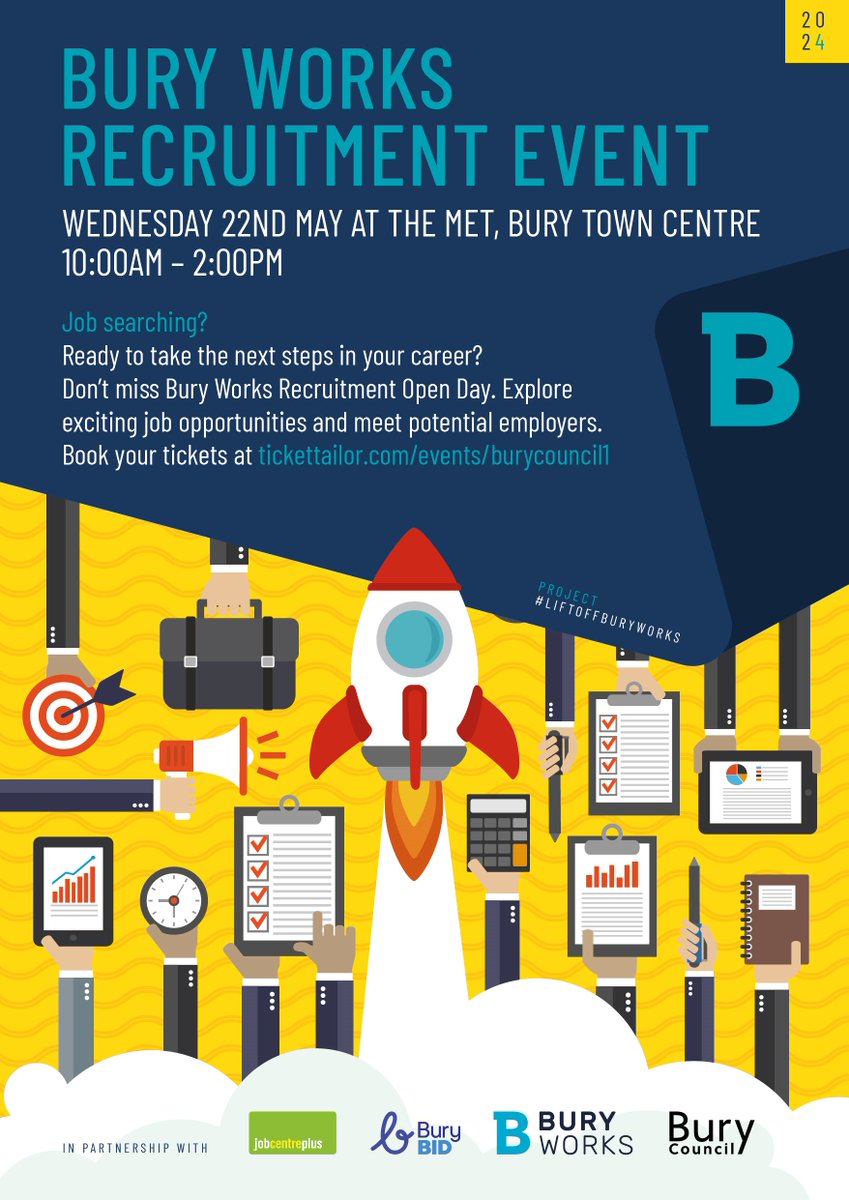 Don't forget to register your FREE place at the upcoming Bury Works Recruitment Event!!

- Wed 22nd May at The Met in Bury Town Centre, BL9 0BW;
- Time: 10am - 2pm;

Explore exciting job opportunities and meet potential employers.

Register here:
tickettailor.com/events/burycou…