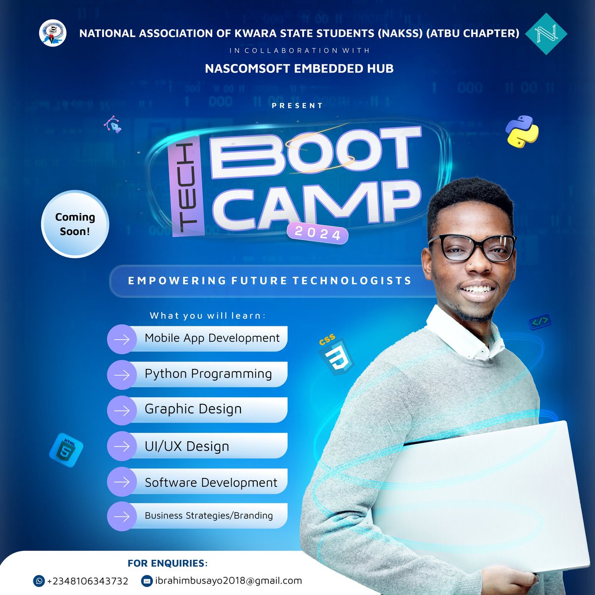 🚀 Exciting Opportunity Alert! 🚀

forms.gle/pFq1FfhQLsxXdx…

Are you ready to take your tech skills to the next level?

The *National Association of Kwara State Students (NAKSS) ATBU* In collaboration with *NASCOMSOFT EMBEDDED HUB* Tech Boot Camp is an intensive educational