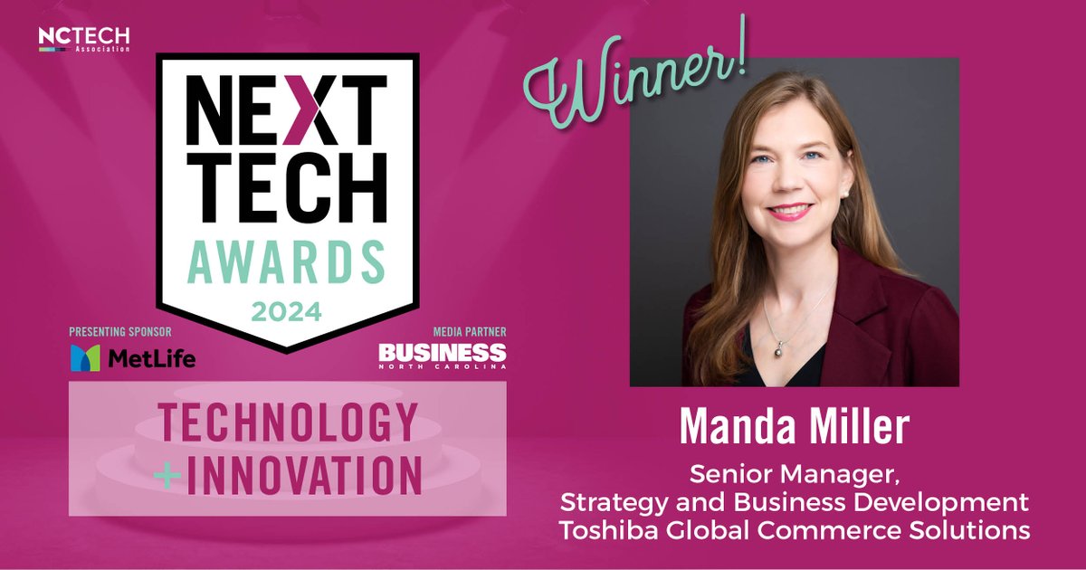 ToshibaCommerce's tweet photo. Manda Miller, our incredible Senior Manager of Strategy and Business Development, has been honored with the @NCTA Next Tech Award in Innovation & Technology! Congratulations, Manda! ๐#NCTech #NextTechAward #Innovation #TechLeadership https://t.co/kGmCCtveGh https://t.co/JmDPBjE15q