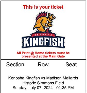 Tickets acquired! On July 7, Dad and I will finish our 23-day, 23-ballpark Eastern Midwest Road Trip at Simmons Field in Kenosha, WI, to see the @KenoshaKingfish of @NWLbaseball as they host the @MadisonMallards!