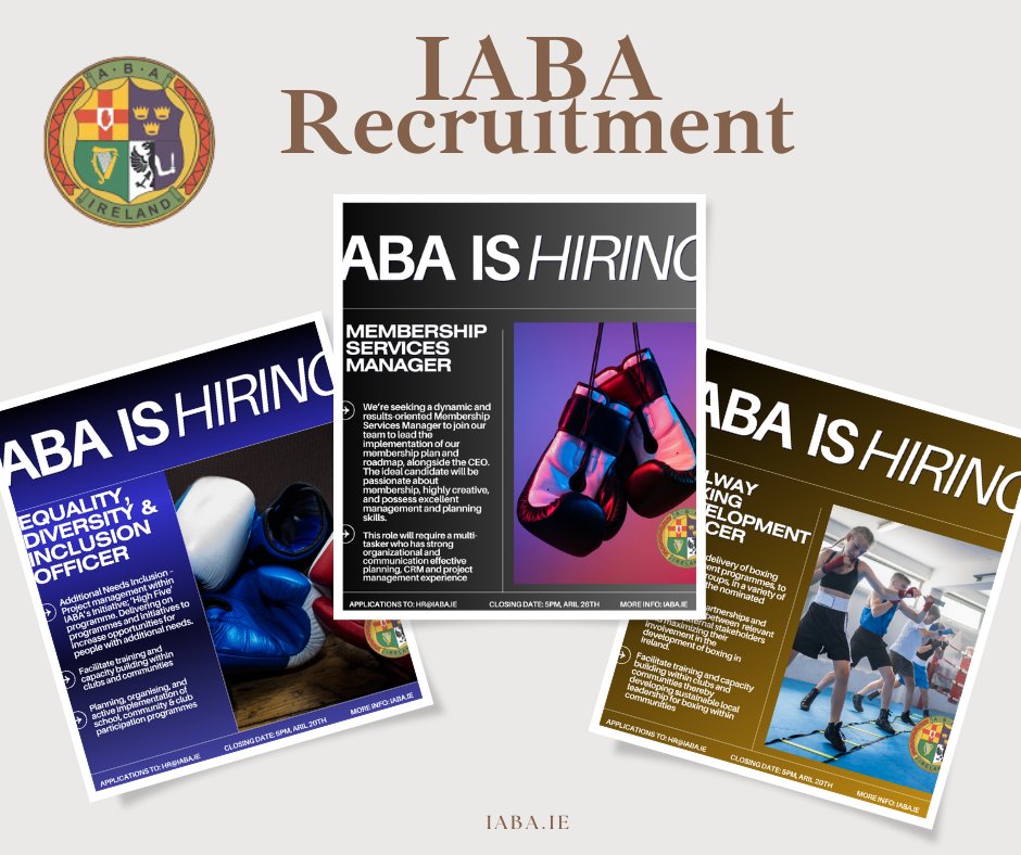 Work in Boxing: IABA has three exciting vacancies. Galway Boxing Development Officer 🔗iaba.ie/work-in-boxing… 🔗National Membership Services Manager iaba.ie/work-in-boxing… 🔗Equality, Diversity & Inclusion Officer iaba.ie/work-in-boxing…