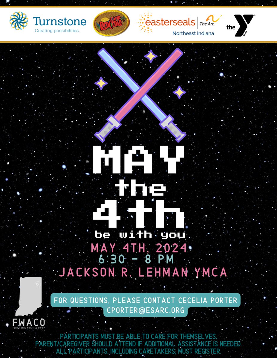 You don't want to miss the upcoming Fort Wayne Abilities Co-op event for May the 4th Be With You!  See flyer below for details! For questions, please contact Cecelia Porter at cporter@esarc.org

#FWACO #EastersealsArc #MayThe4thBeWithYou