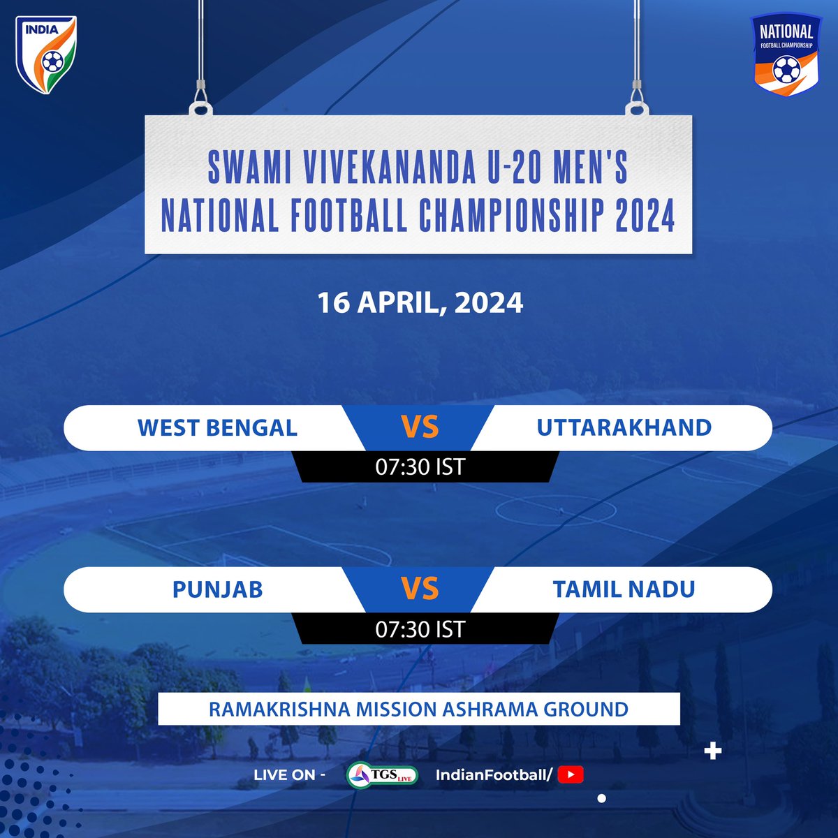 West Bengal will clash with Uttarakhand, Meanwhile, Punjab is set to challenge Tamil Nadu! 💙👏 Don't miss out the action tomorrow! 💻 Watch LIVE on Indian Football YouTube channel and TGS LIVE. #IndianFootball ⚽️