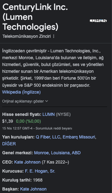 #lumn lumen technologies abd teknoloji hissesi , maliyetim 1.36 dolar , fiyat an itibariyle 1.37usd
Şirketin ath değeri 49.94 dolar 
Şayet aşagıya dalış yaparsa ekleme yapmak için son düşüşte oluşan dalga yapısında (0.91-1.13) bölgesini bekliyorum 
Paylaşımım kesinlikle yatırım