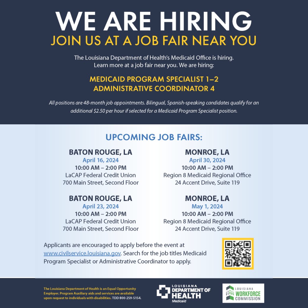 The Louisiana Department of Health’s Medicaid Office is hiring! They will be holding job fairs in Baton Rouge and Monroe this month. Pre-registration is encouraged! #LouisianaWorks #LAWorks #JobFair