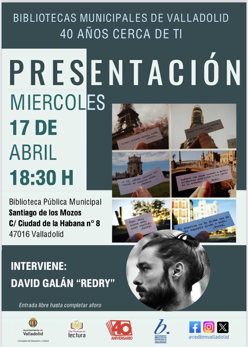 Con motivo del #40aniversario de la #redbmvalladolid tendrán lugar varios encuentros con autores locales en las distintas #bibliotecas de la Red.

Esta semana recibimos a Roberto Delgado García en #BibliotecaZonaCentroVLL y a @Redry13 en #BibliotecaParquesolVLL 

#40añoscercadeti