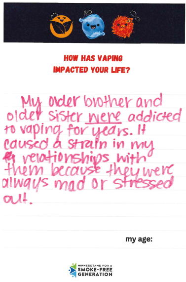 Every day we wait to end the sale of flavored commercial tobacco, more Minnesota kids are getting exposed and addicted to e-cigarettes and other tobacco products.

Let's protect our youth and get this done. #mnleg #KeepLungsLoud #FlavorsHookKidsMN
flavorshookkidsmn.org/take-action/